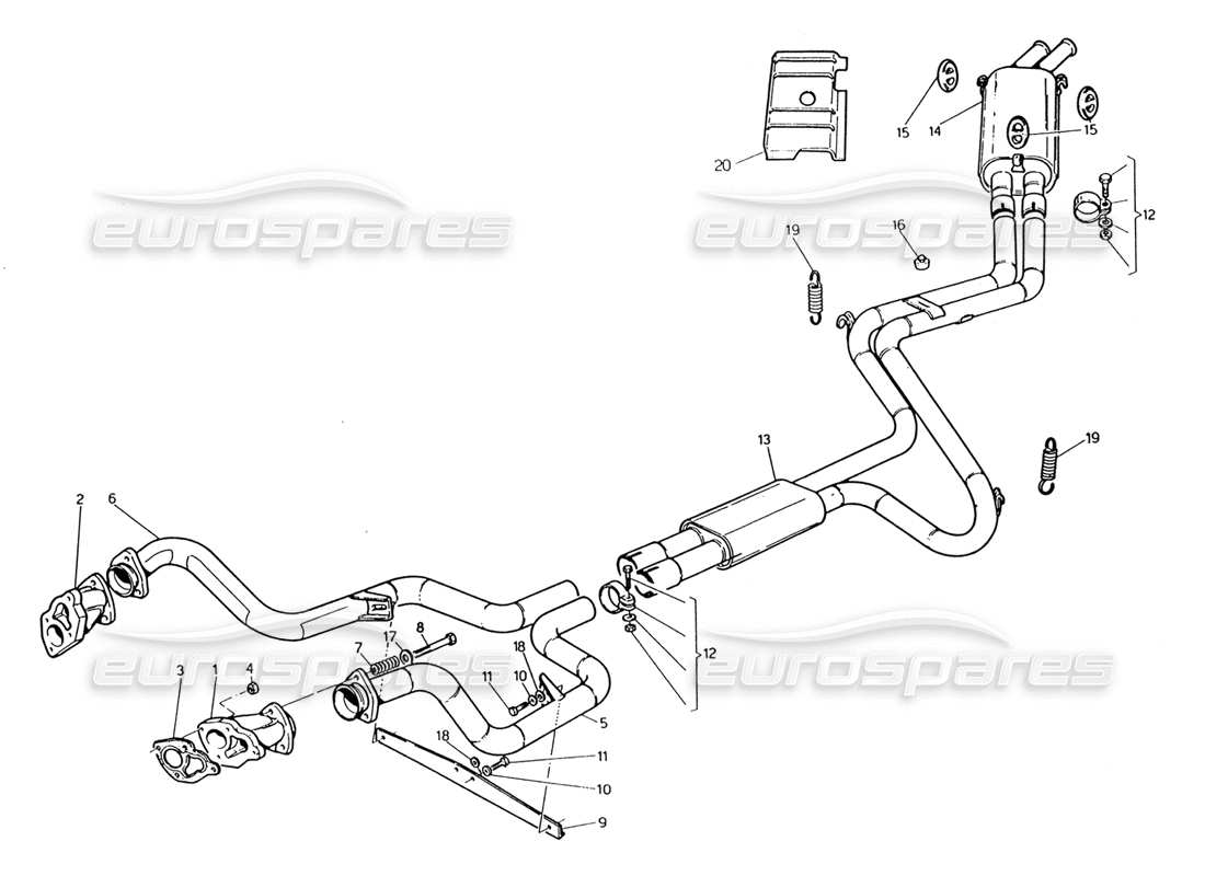 maserati 222 / 222e biturbo système d'échappement sans catalyseur de peinture schéma des pièces