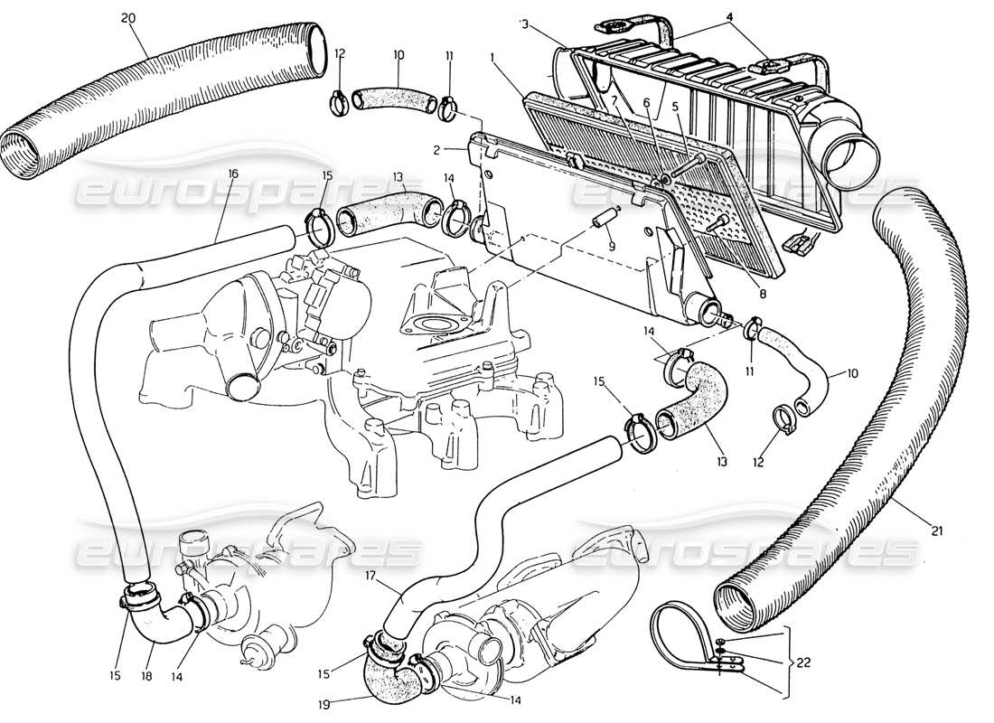 maserati 222 / 222e biturbo schéma des pièces du filtre à air et des tuyaux