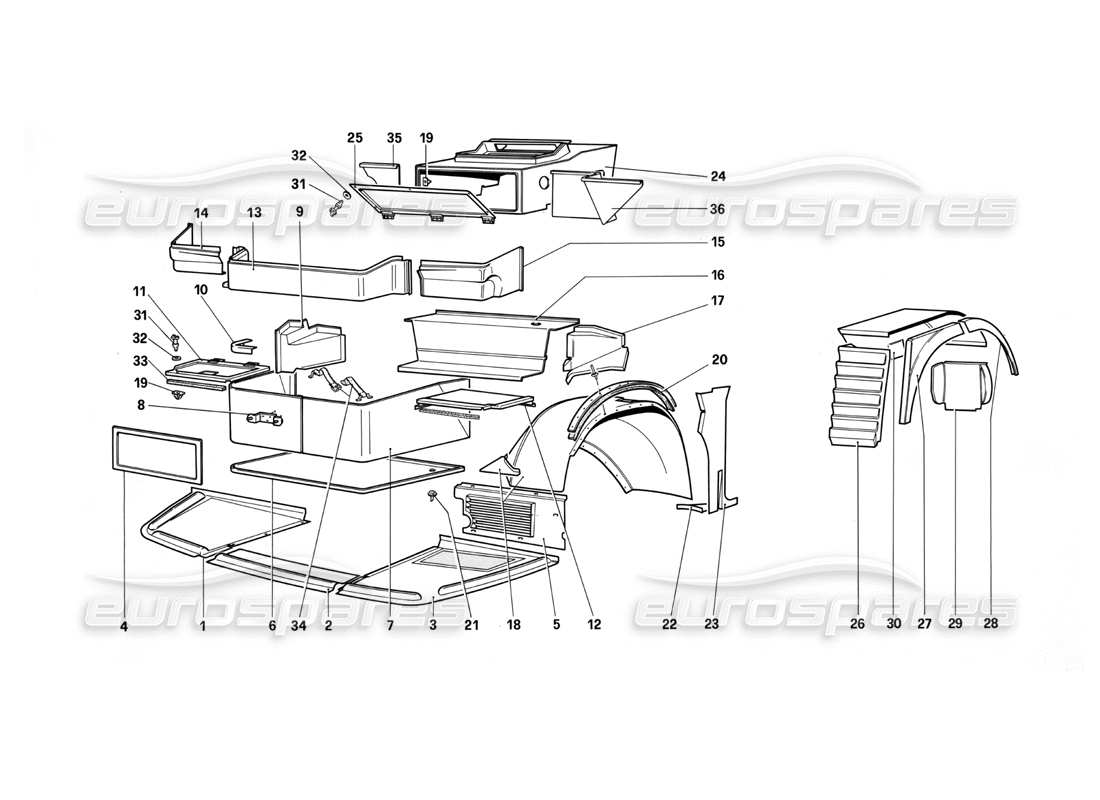 ferrari testarossa (1987) corps - composants externes schéma des pièces