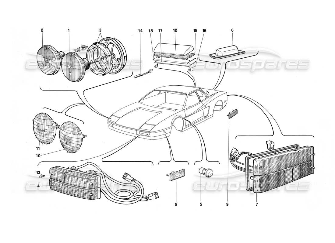 ferrari testarossa (1987) les lampes schéma des pièces