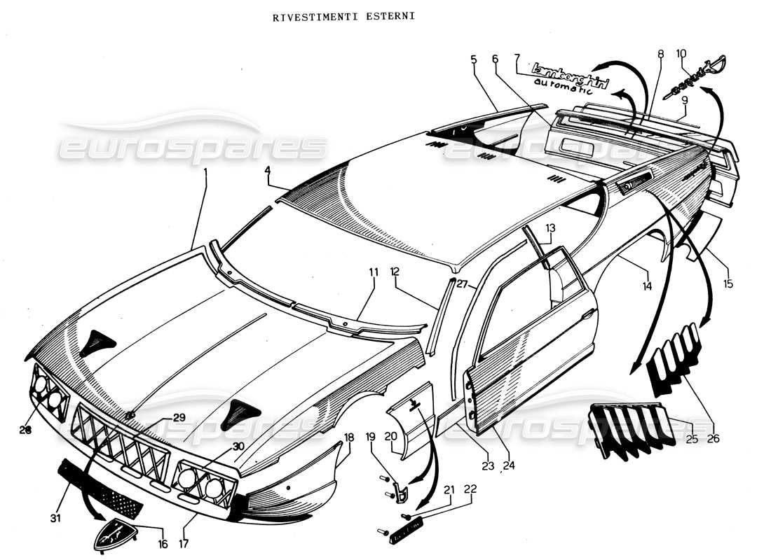 lamborghini espada panneaux de carrosserie et fixations externes schéma des pièces