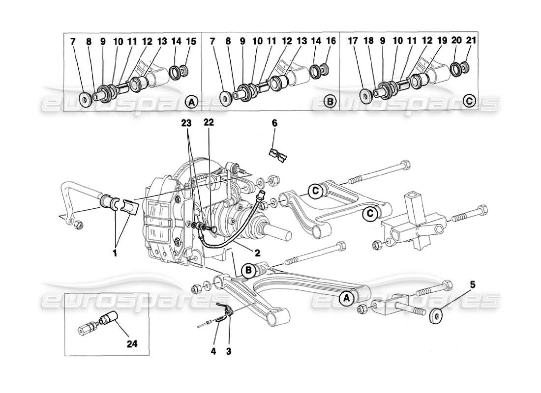 ferrari 355 challenge (1996) schéma des pièces de la suspension arrière et des conduites de frein