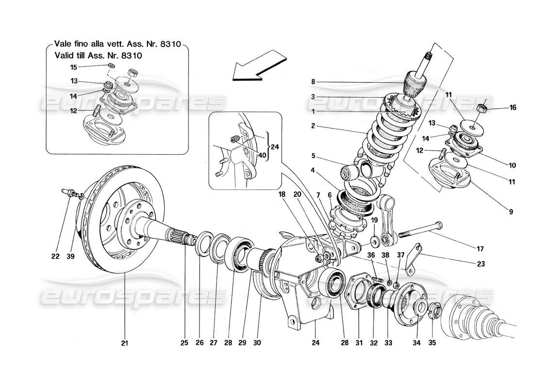 ferrari 348 (1993) tb / ts suspension arrière - amortisseur et disque de frein schéma des pièces