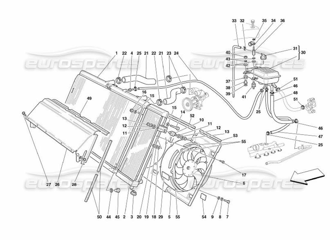 ferrari 575 superamerica système de refroidissement - schéma des pièces du radiateur et du nourice