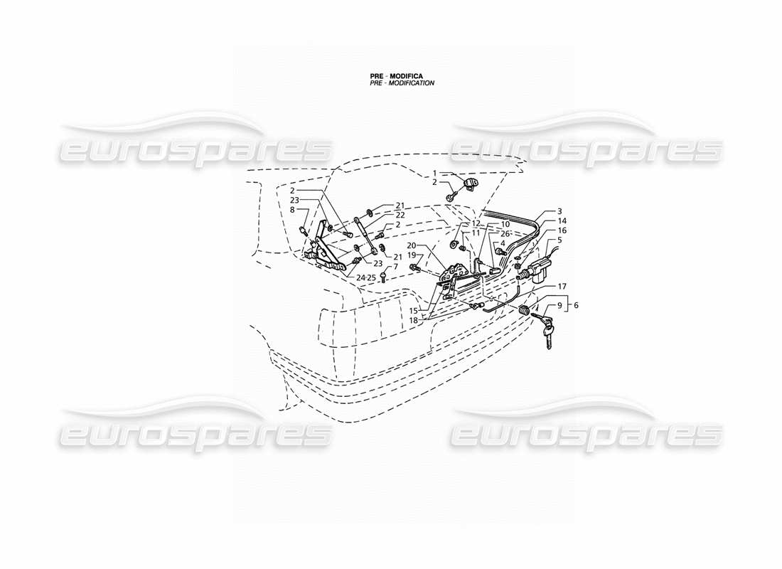 maserati qtp. 3.2 v8 (1999) couvercle de coffre : charnières, déverrouillage du couvercle de coffre (pré-modification) schéma de pièce