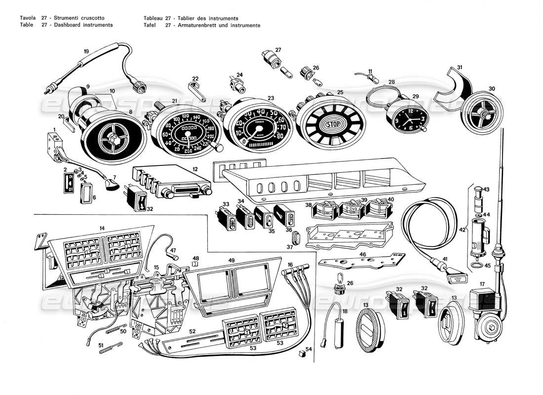 maserati merak 3.0 diagramme des pièces des instruments du tableau de bord