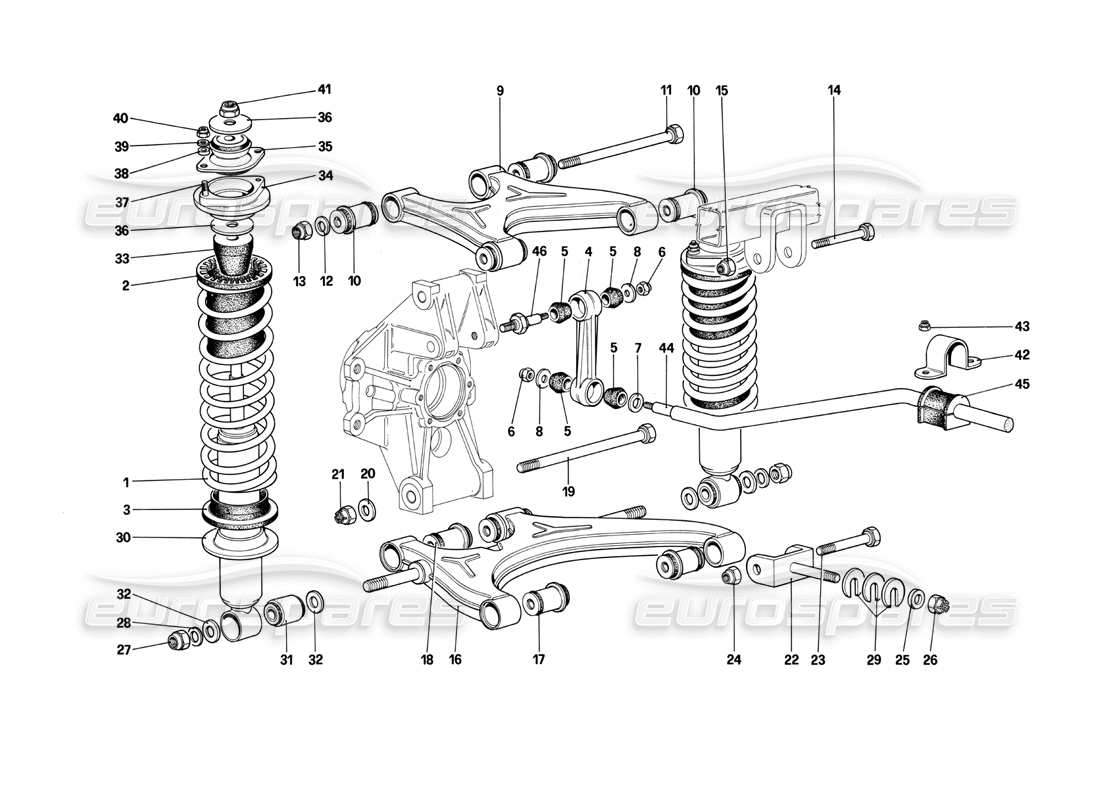 ferrari testarossa (1990) suspension arrière - triangles de suspension et amortisseurs (à partir de la voiture n° 75997) schéma des pièces