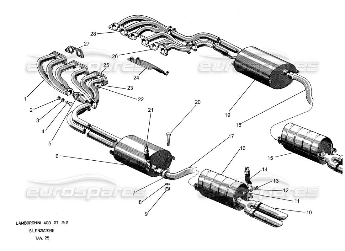 lamborghini 400 gt système d'échappement schéma des pièces