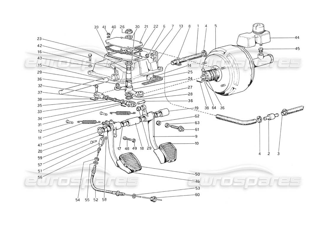 ferrari 208 gt4 dino (1975) tableau de pédales - schéma des pièces des commandes de frein et d'embrayage