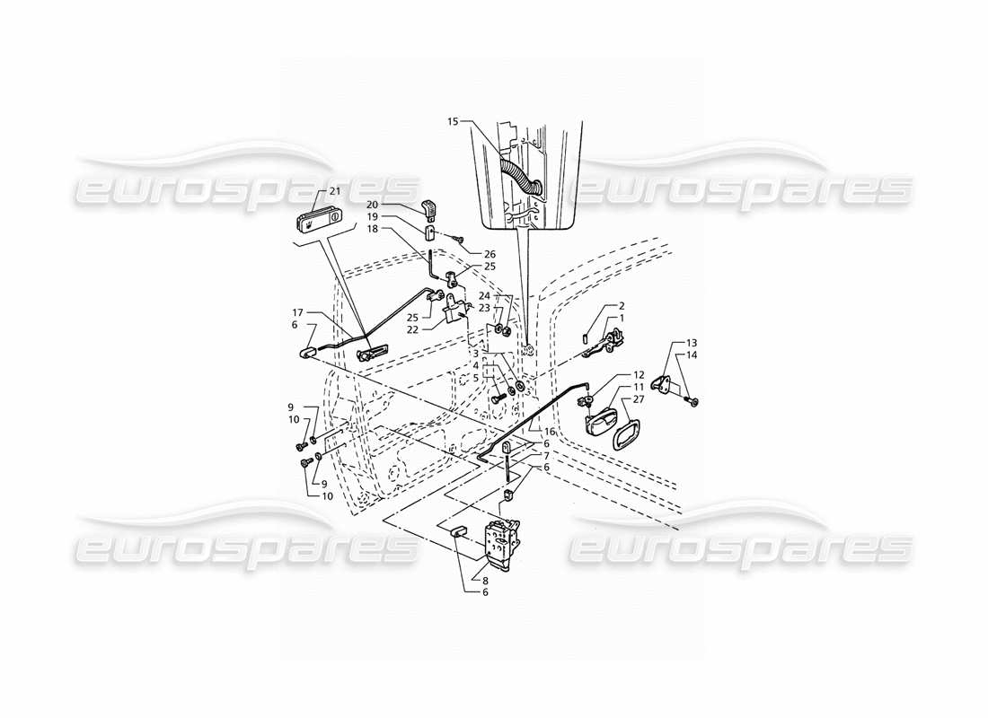 maserati qtp. 3.2 v8 (1999) portes d'entrée : diagramme de pièces des charnières et des commandes intérieures