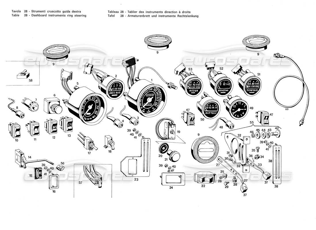 maserati merak 3.0 diagramme des pièces de direction de l'anneau des instruments du tableau de bord