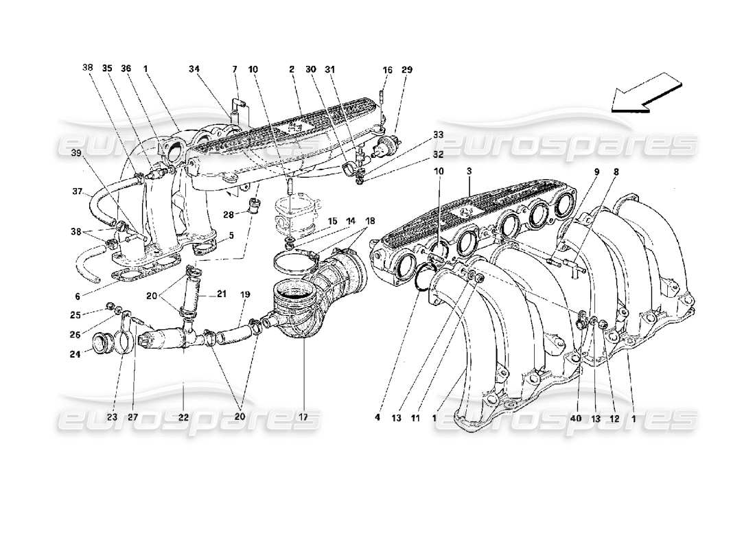 ferrari 512 tr schéma des pièces des collecteurs d'admission d'air