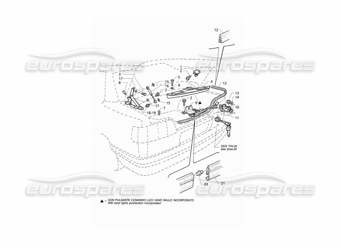 maserati qtp v6 (1996) couvercle de coffre : charnières, schéma des pièces de déverrouillage du couvercle de coffre
