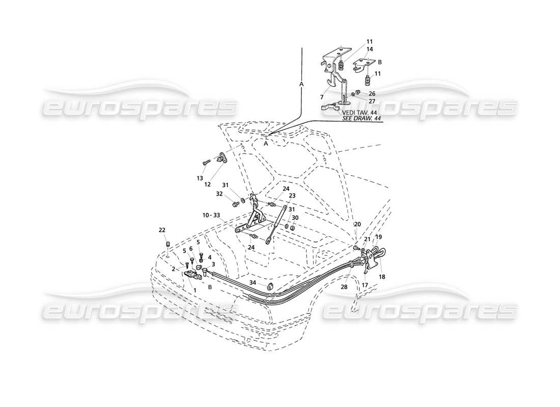 maserati qtp v8 evoluzione capot : charnières et déverrouillage du capot schéma des pièces