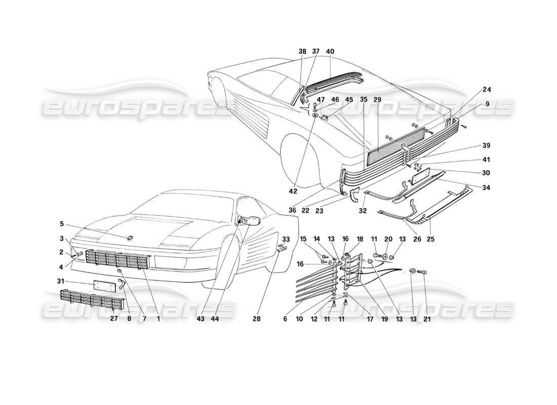 ferrari testarossa (1990) finition externe schéma des pièces