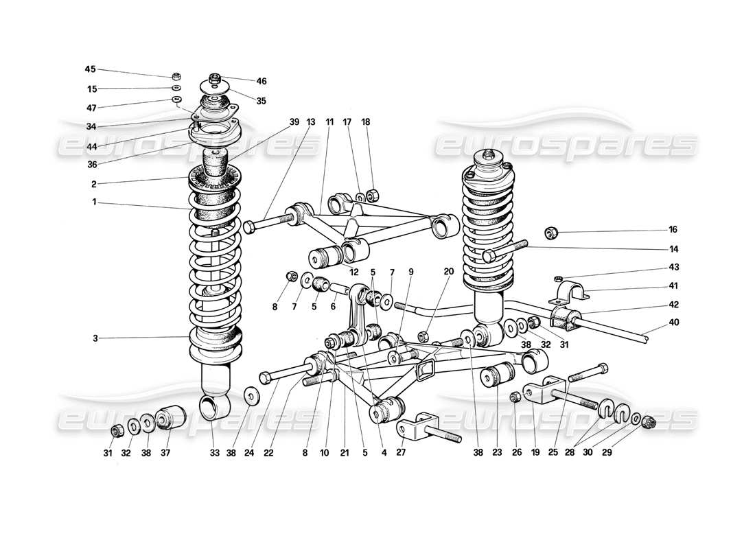 ferrari testarossa (1990) suspension arrière - triangles de suspension et amortisseurs (jusqu'au numéro de voiture 75995) schéma des pièces