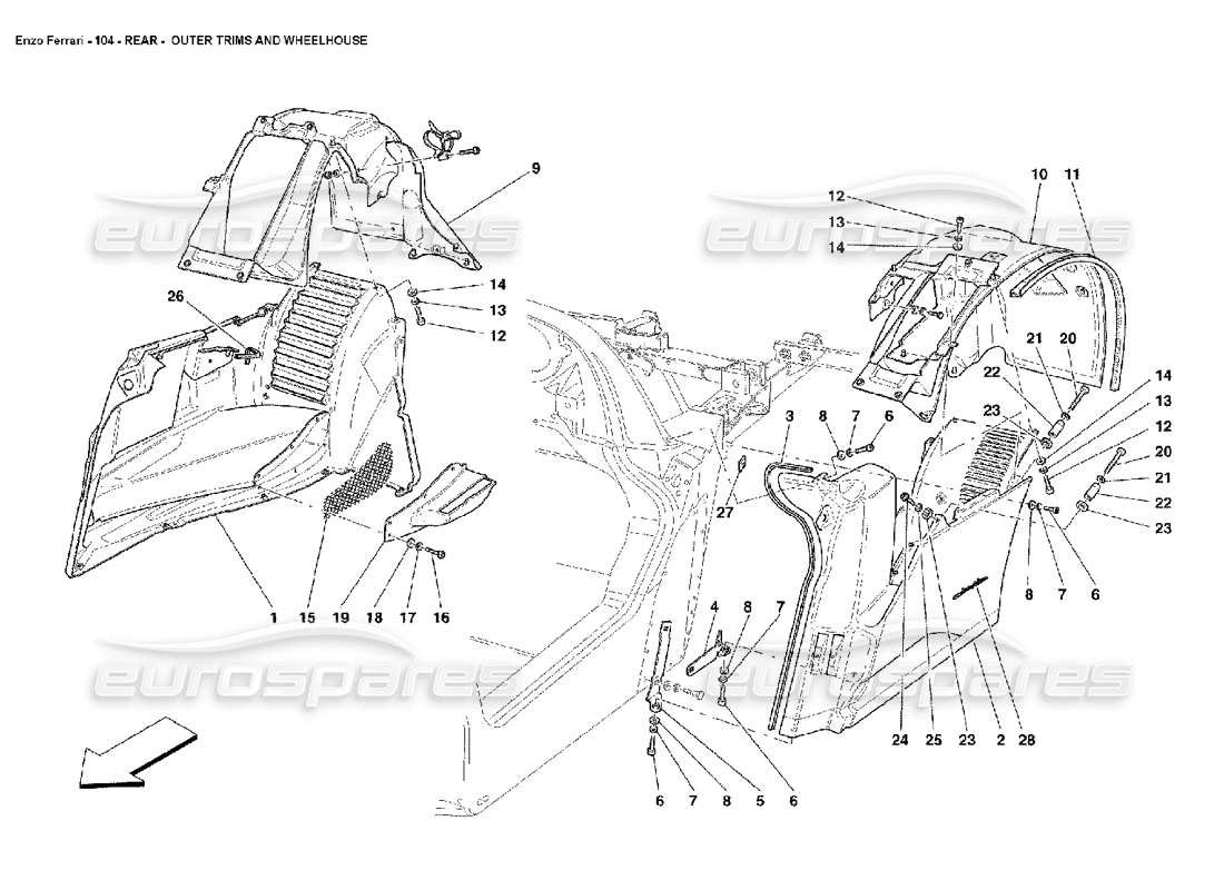 ferrari enzo arrière - garnitures extérieures et schéma des pièces de la timonerie