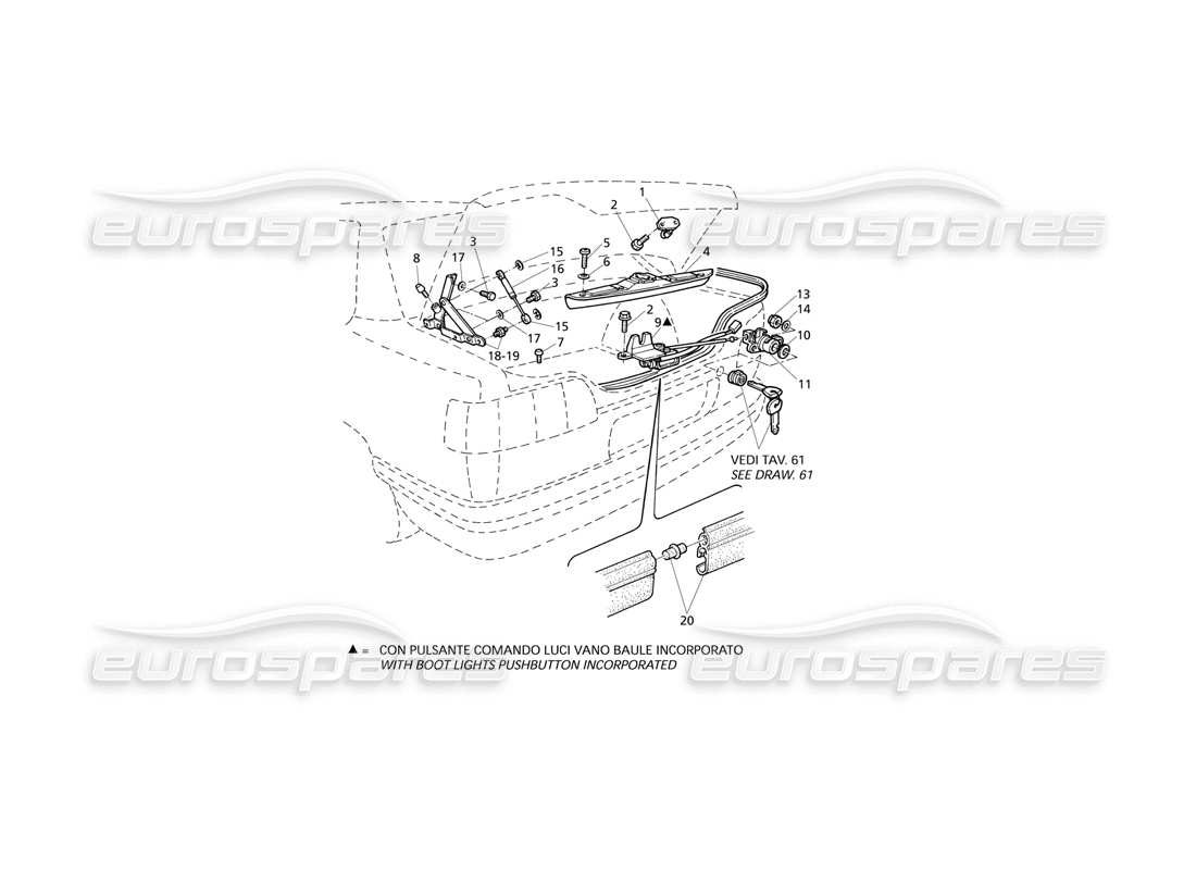 maserati qtp v6 evoluzione couvercle de coffre : charnières, schéma des pièces de déverrouillage du couvercle de coffre