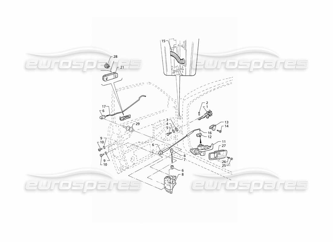 maserati qtp v8 (1998) portes d'entrée : diagramme de pièces des charnières et des commandes intérieures