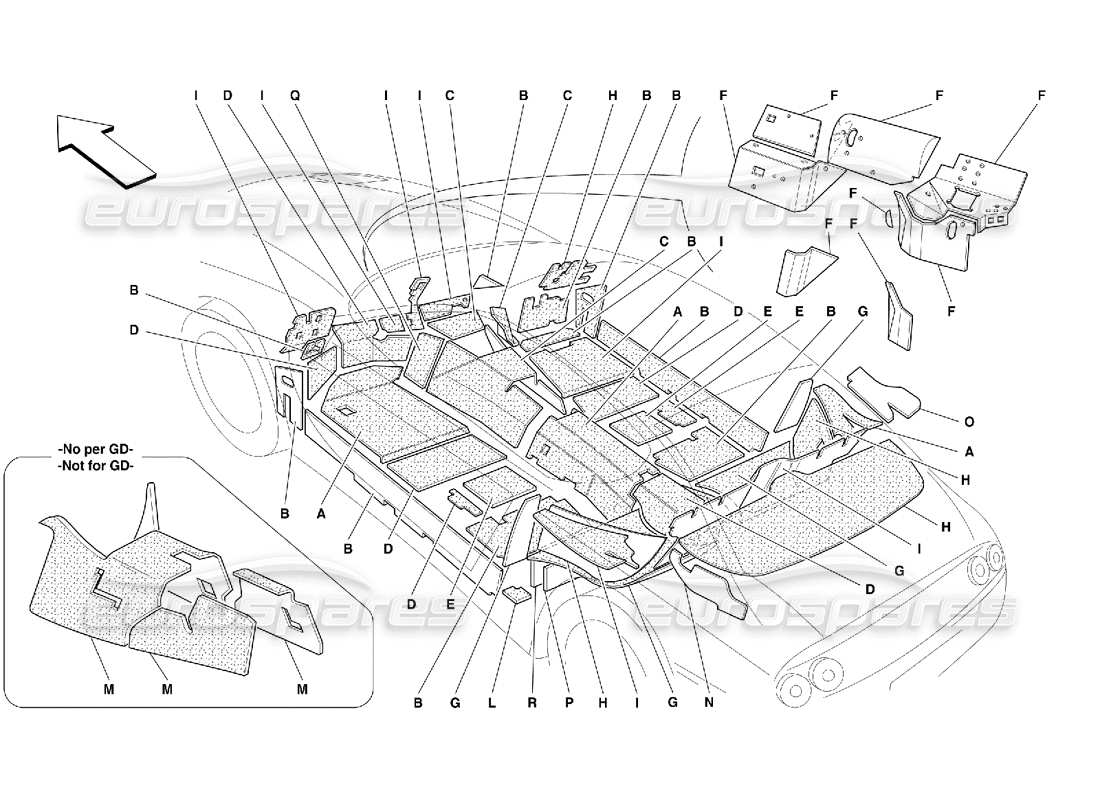 ferrari 456 gt/gta compartiment passagers. et compartiment moteur. schéma des pièces d'isolation