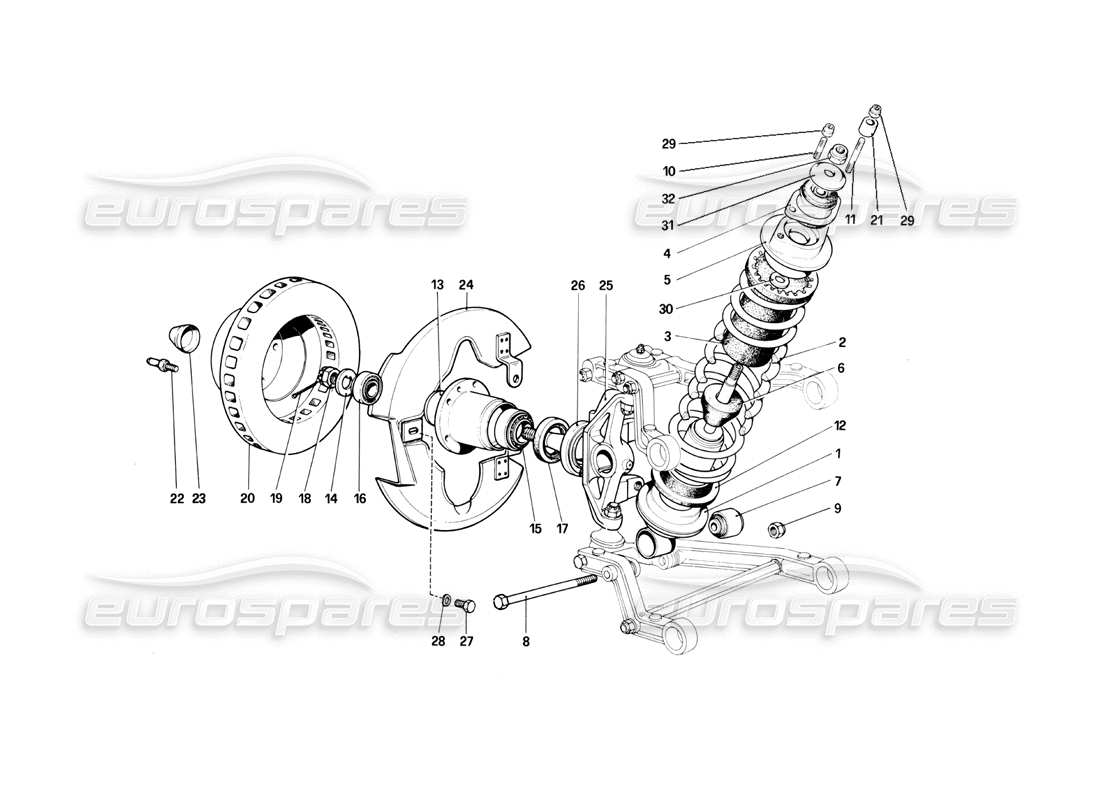 ferrari 400i (1983 mechanical) suspension avant - amortisseur et disque de frein schéma des pièces