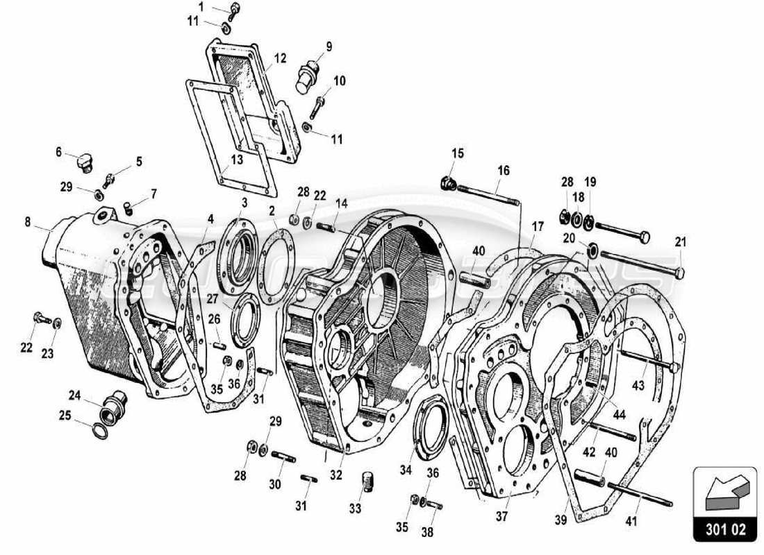 lamborghini miura p400 boite de vitesses-boîtier de différentiel arrière schéma des pièces