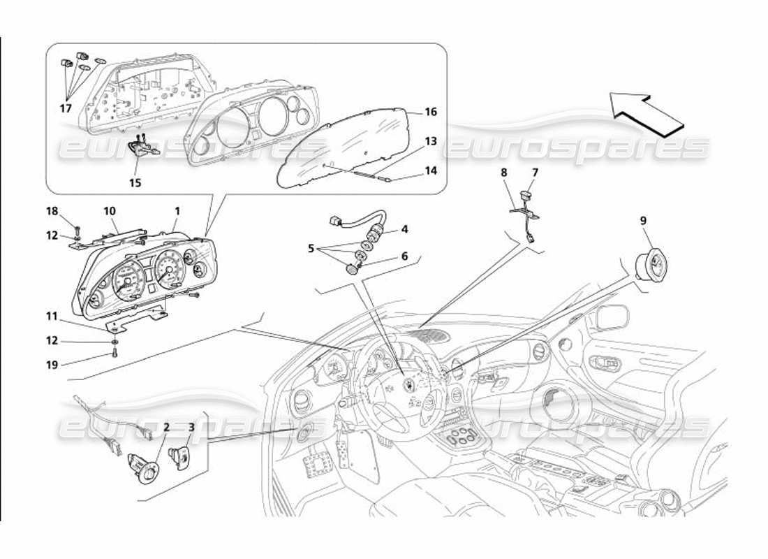 maserati 4200 gransport (2005) diagramme des pièces des instruments du tableau de bord