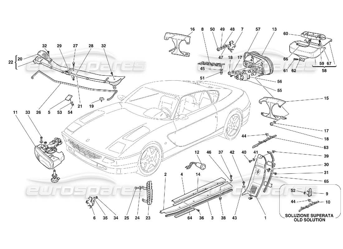 ferrari 456 gt/gta feux avant et arrière - schéma des pièces des finitions extérieures