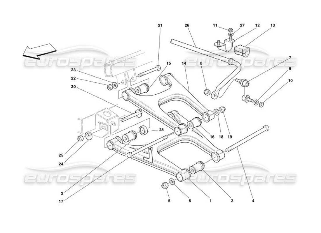 ferrari 575 superamerica suspension arrière - diagramme des pièces des triangles et de la barre stabilisatrice