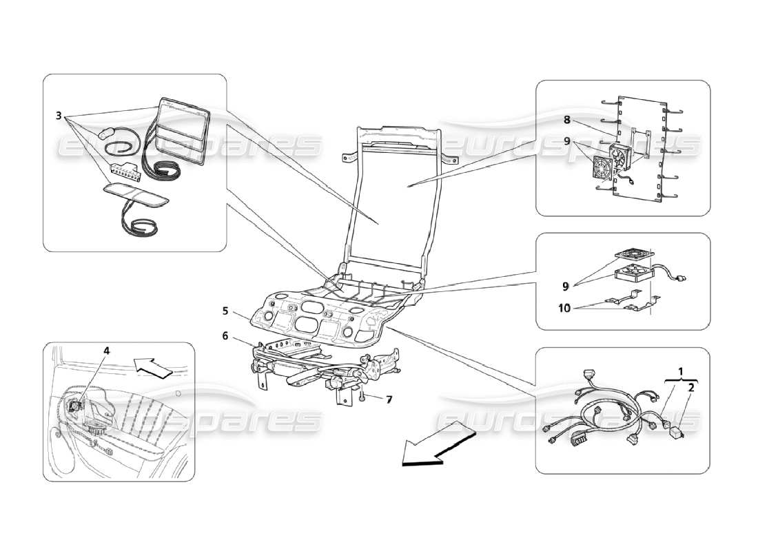 maserati qtp. (2006) 4.2 sièges arrière : diagramme de pièces des unités mécaniques et électroniques