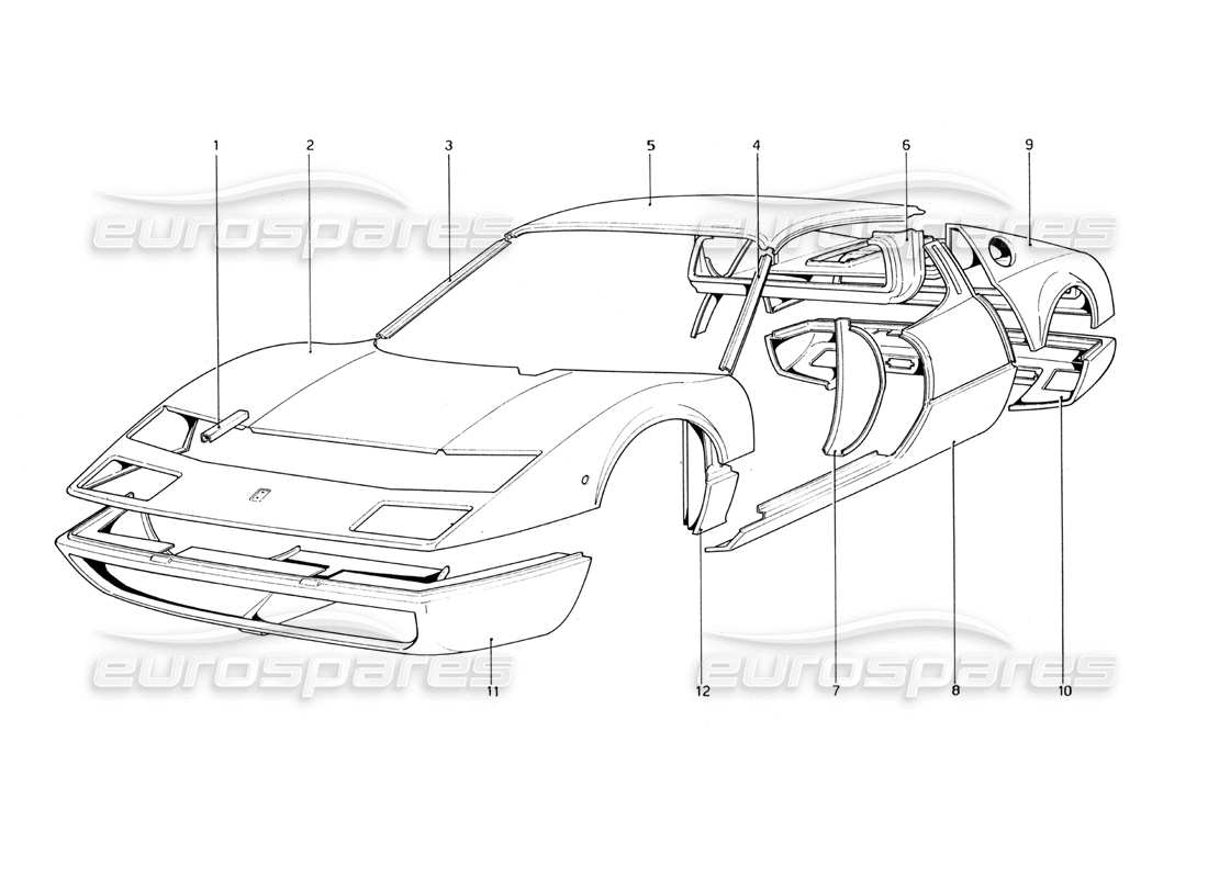 ferrari 365 gt4 berlinetta boxer coque de carrosserie - diagramme des pièces des éléments extérieurs