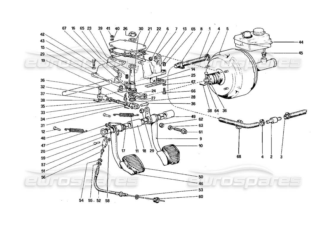 ferrari 308 quattrovalvole (1985) tableau de pédales - schéma des pièces des commandes de frein et d'embrayage