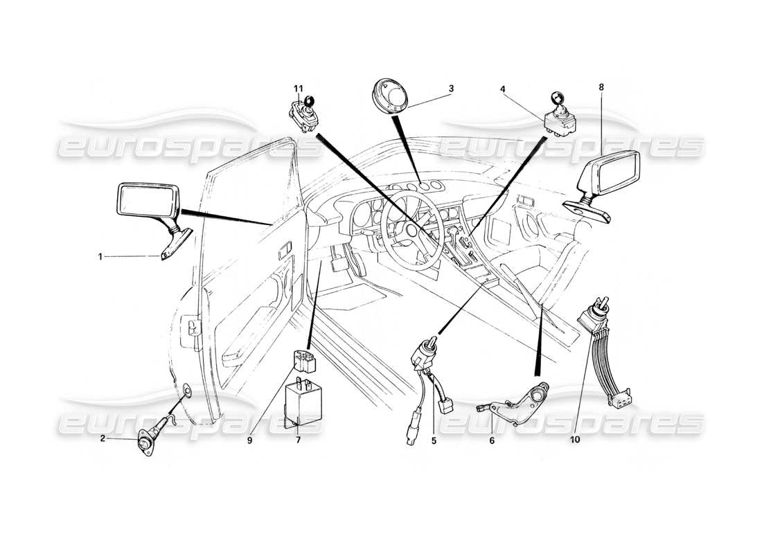 ferrari 400 gt (mechanical) schéma des pièces des rétroviseurs extérieurs et des accessoires internes