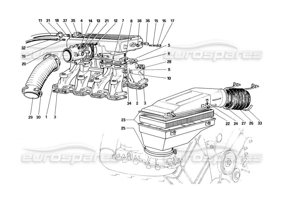 ferrari 328 (1988) admission d'air et collecteurs schéma des pièces