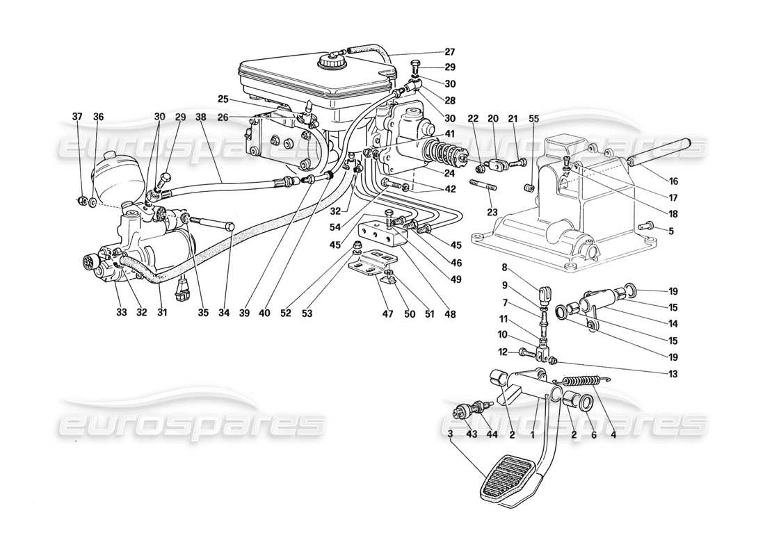 ferrari 328 (1988) schéma des pièces du système hydraulique de freinage (pour voiture avec système antidérapant - variantes pour la version rhd)