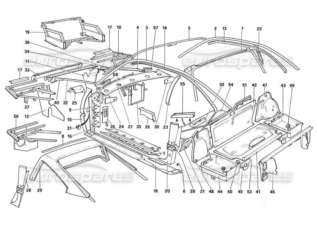 ferrari 328 (1988) corps - éléments internes (pour aus et ch87 et ch88) diagramme de pièces