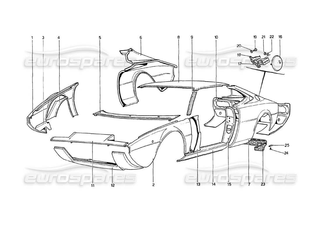 ferrari 208 gt4 dino (1975) coque de carrosserie - diagramme des pièces des éléments extérieurs