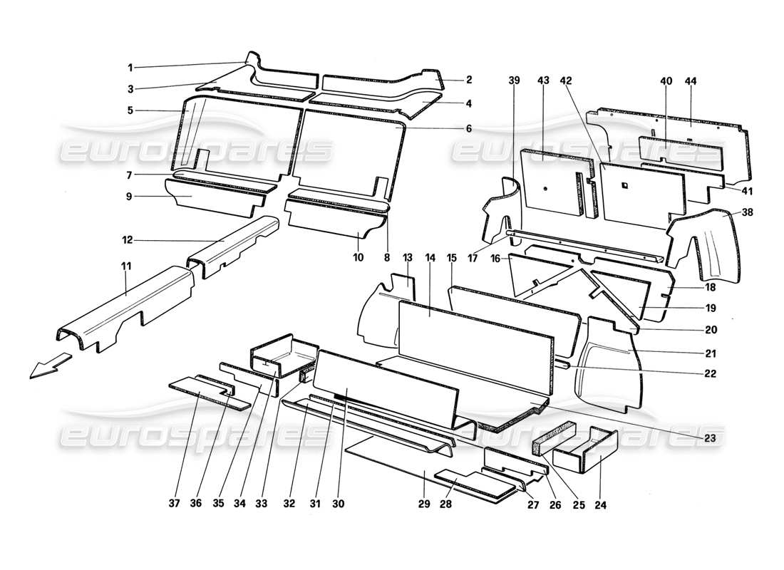 ferrari 328 (1988) diagramme des pièces détachées pour isolation du compartiment à bagages et du compartiment à passagers (jusqu'au numéro de véhicule 66965 - pas pour les états-unis - aus - ch87 - sa - j)
