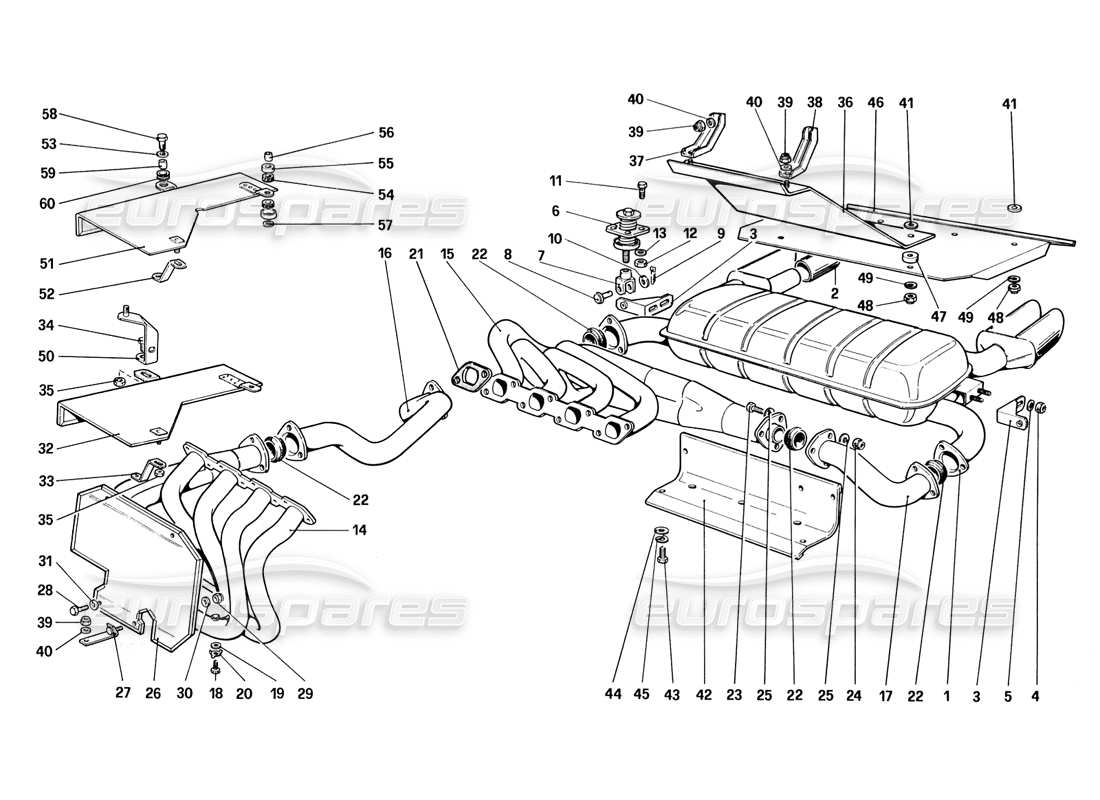 ferrari 328 (1988) système d'échappement (pas pour les versions us - sa - ch87 et ch88) schéma des pièces