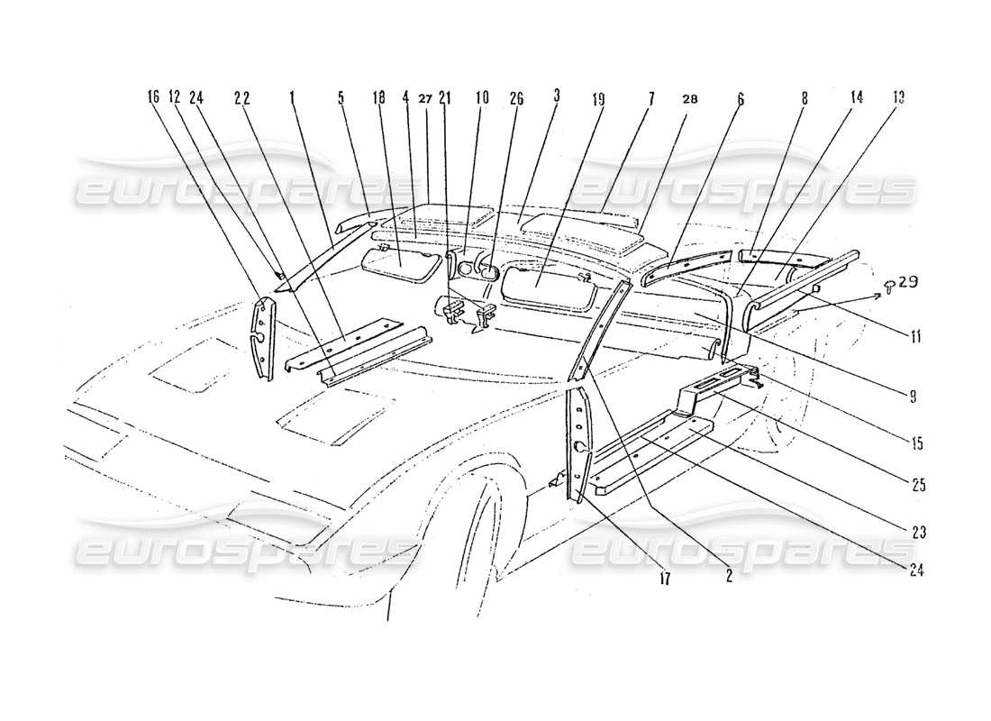 ferrari 365 gtc4 (coachwork) diagramme des pièces des panneaux de garniture intérieure et des pare-soleil