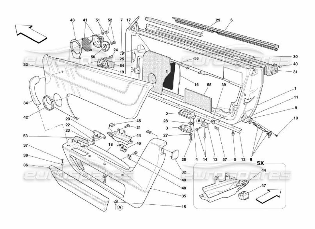 ferrari 575 superamerica portes - schéma des pièces d'ossatures et de revêtements