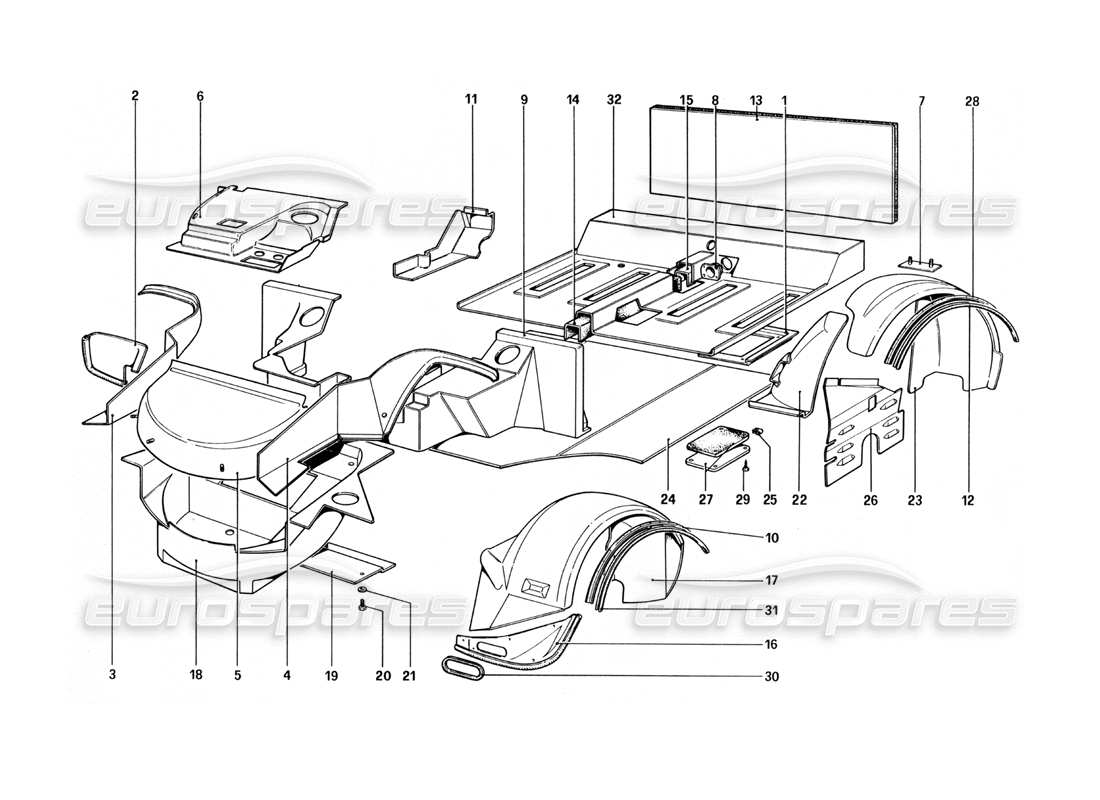 ferrari 512 bbi coque de carrosserie - diagramme des pièces des éléments intérieurs