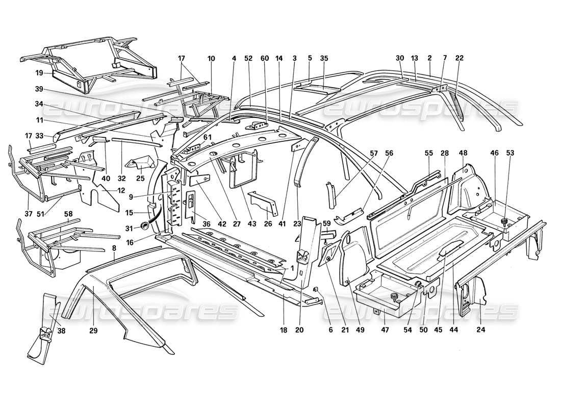 ferrari 328 (1988) coque de carrosserie - éléments intérieurs (pour us - sa - j) schéma des pièces