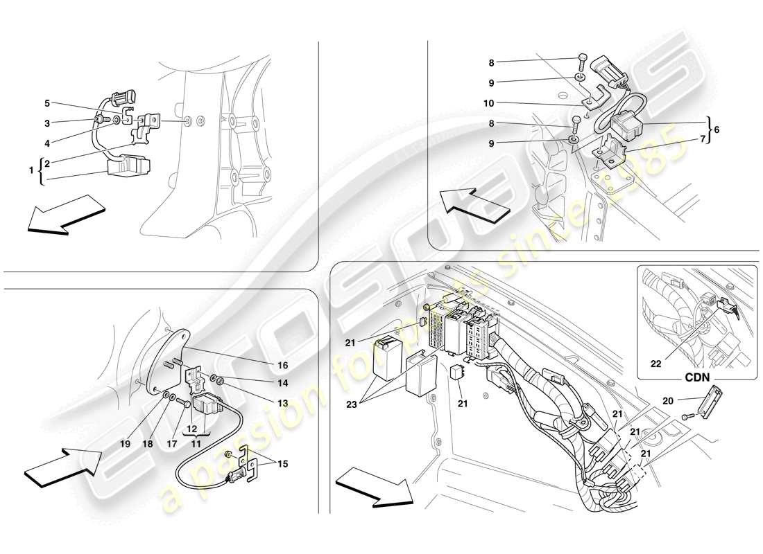 ferrari f430 spider (rhd) ecu et capteurs dans le compartiment avant et le compartiment moteur schéma des pièces