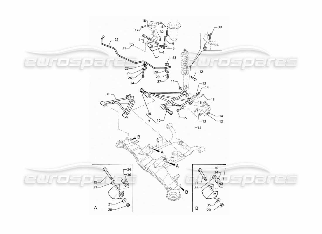 maserati qtp v6 (1996) schéma des pièces de modification du montant de suspension arrière et de la barre anti-roulis
