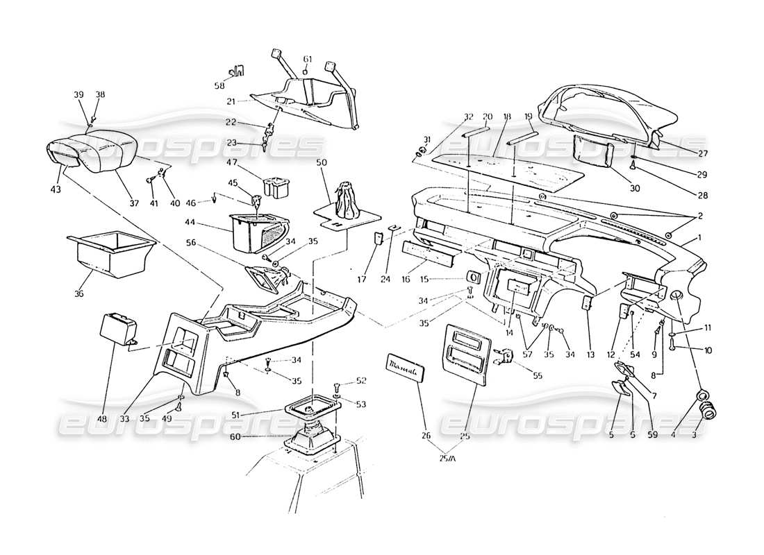 maserati karif 2.8 schéma des pièces du tableau de bord et de la console (voitures à direction droite)