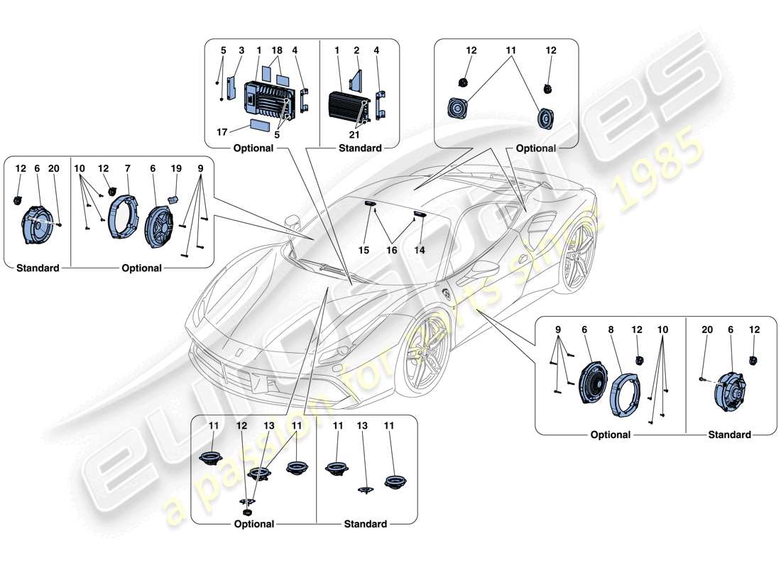ferrari 488 gtb (europe) système de haut-parleurs audio schéma des pièces