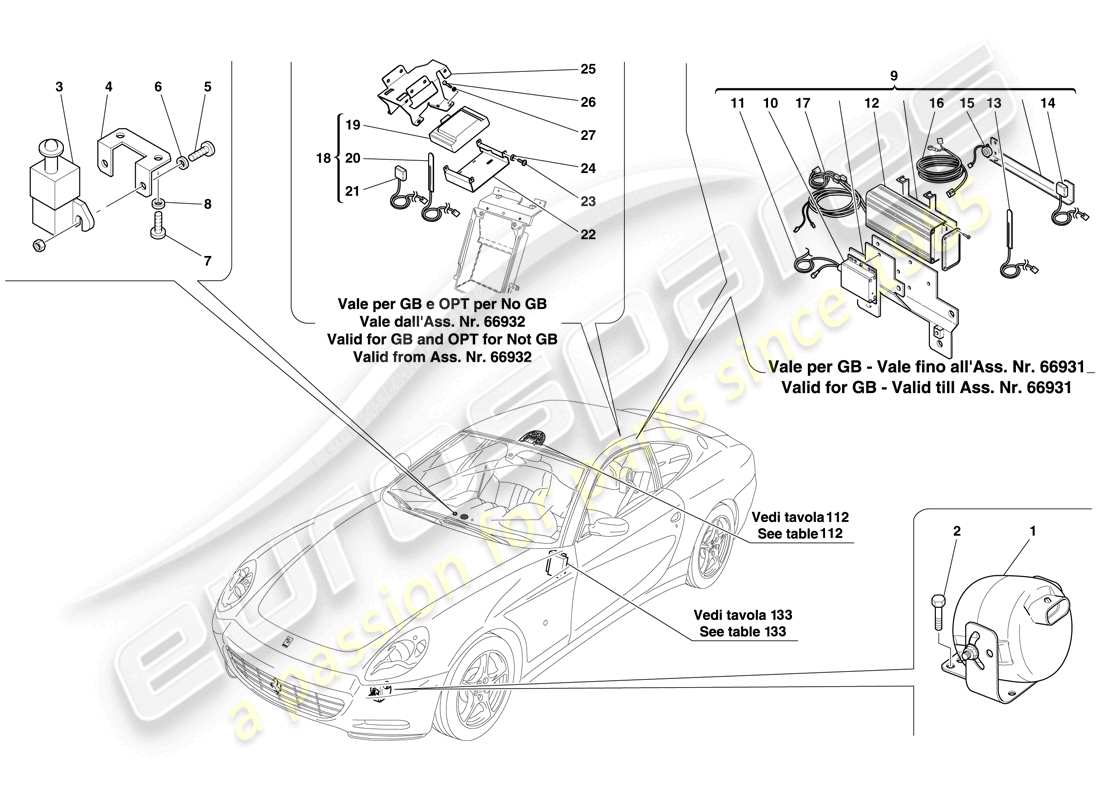 ferrari 612 scaglietti (usa) calculateurs et dispositifs du système antivol schéma des pièces