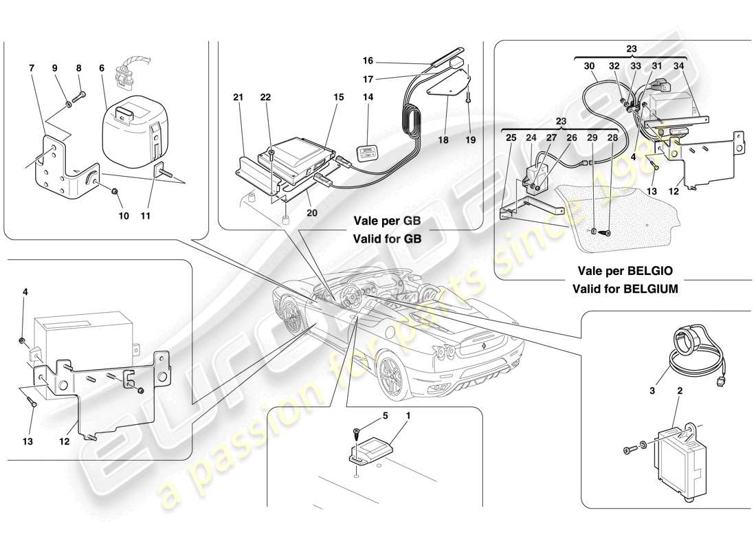 ferrari f430 spider (europe) ecu et dispositifs du système antivol schéma des pièces