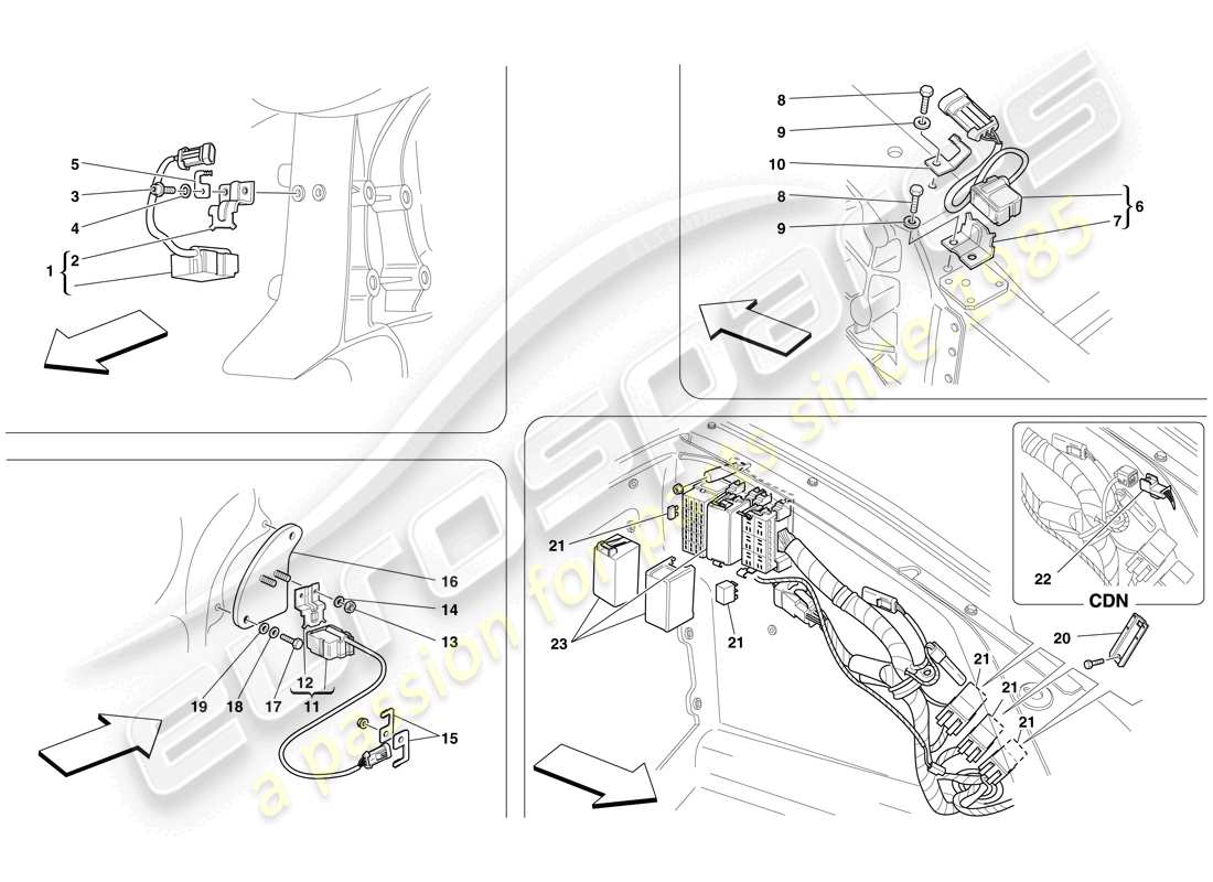ferrari f430 spider (europe) ecu et capteurs dans le compartiment avant et le compartiment moteur schéma des pièces